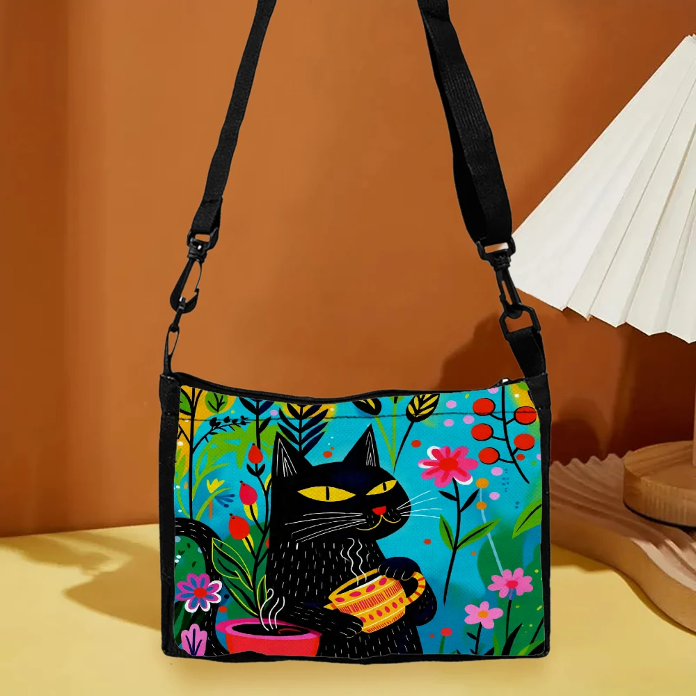 1pc Cat Art Crossbody Bag Multicolor Black Cat With Flowers And Tea Cup Print Shoulder Bags For Women Casual Daily Use Travel Sh