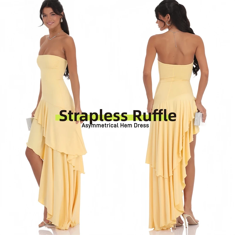 

2026 New Women's Strapless Bodycon Maxi Dress Sexy Ruffle Asymmetric Hem Flowy Party Dresses Wedding Guest Banquet Prom Attire