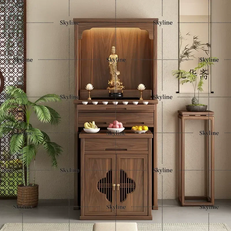 New Chinese Style Buddhist Niche Cabinet for Guanyin Bodhisattva God of Wealth Ancestor Worship Table Black Walnut Solid Wood