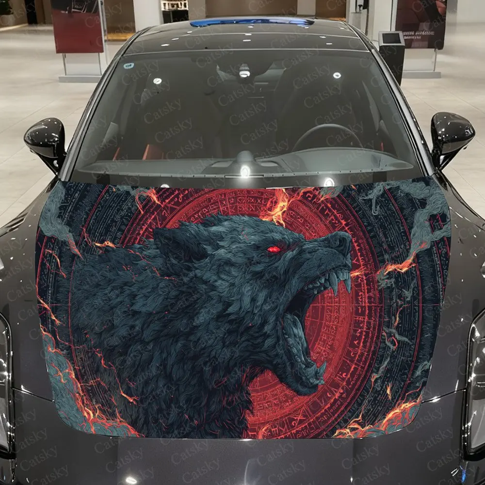 Cracked Array Red Pupil Wolf King Car Vinyl Wrap, PVC Waterproof Car Hood Sticker, Self-Adhesive Scratch-Resistant Stickers