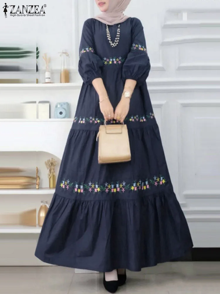 

2024 ZANZEA Muslim Long Dress Elegant Abaya Robe Femme Vintage Long Sleeve Printed Maxi Vestidos Casual Kaftan IsIamic Clothing