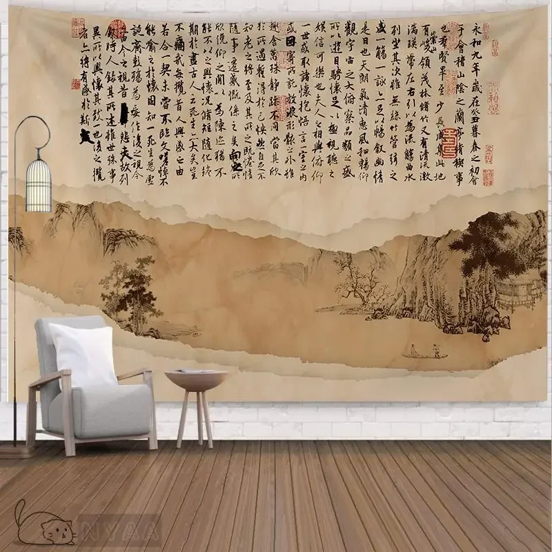 

Retro Orchid Pavilion Preface Calligraphy Background Brai Crane Hanging Cloth Heart Sutra Wall Decoration Chinese Tapestry