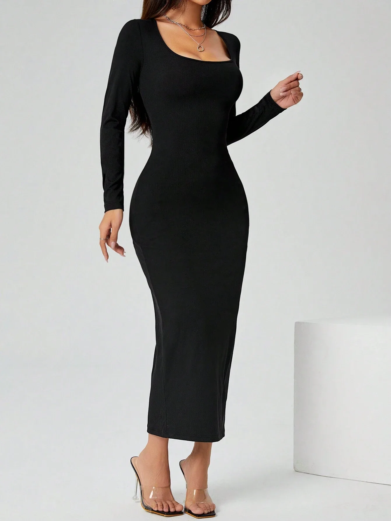 Damen Geripptes Strick-Bodycon-Midikleid Quadratischer Ausschnitt Langarm Schlanke Passform Party-Abend-Bleistiftkleid – Detail 5