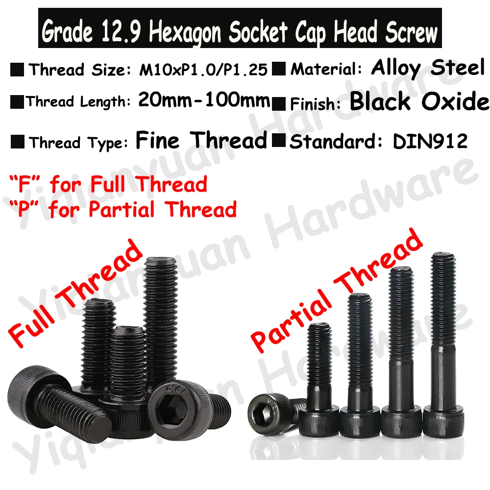 

M10xP1.0/P1.25 Fine Thread DIN912 Grade 12.9 Alloy Steel Hexagon Socket Knurled Cap Head Screw Allen Key Bolt Full/Partia Thread