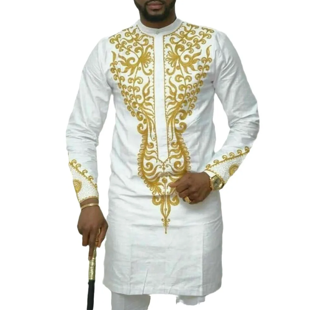 African Men Embroidery Shirt Outfits Africa Long Sleeve Round Collar Top Pants Two Piece Traditional Ethnic Party Wedding Suit