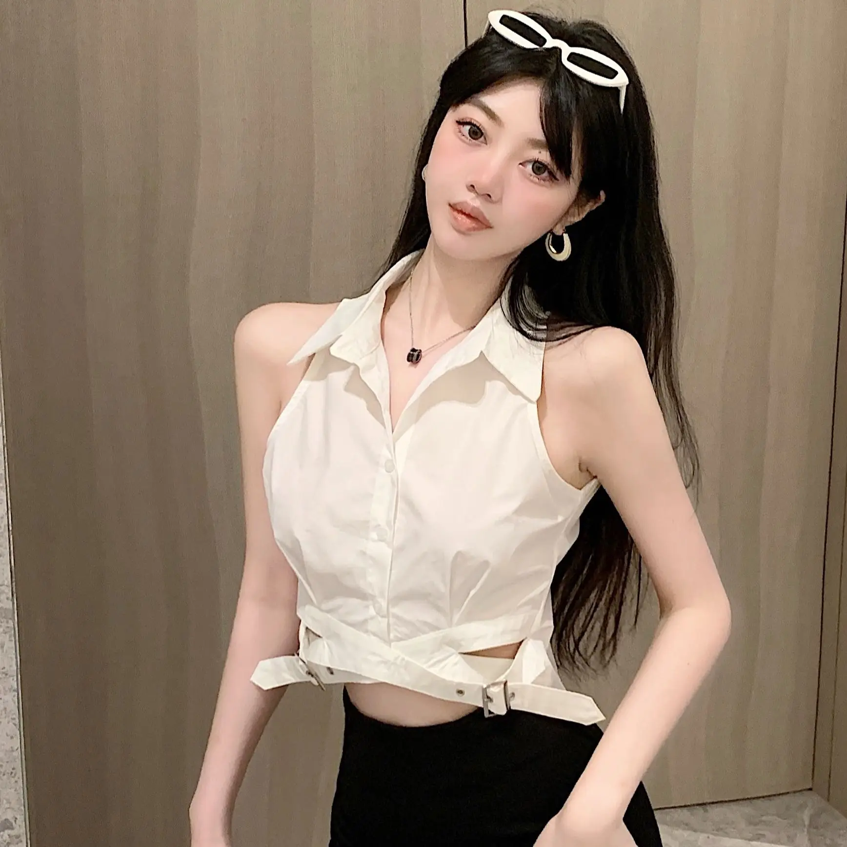 Chic Hot Girl Temperament Polo Kraag Shirt Mouwloos Vest Dames Onregelmatige Korte Top