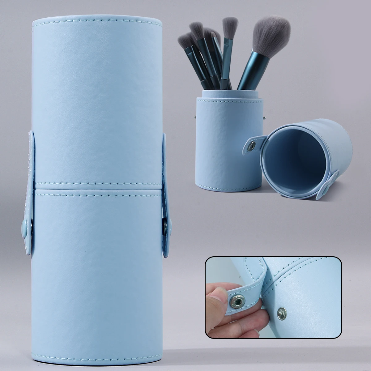 Simple Blue Makeup Brush Storage Bucket, Leather Makeup Bucket, Portable and Easy to Carry for Travel, Beauty Tool Storage Bucke