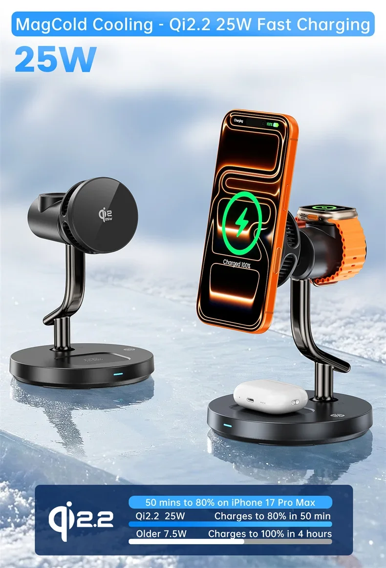 MagCold Qi2.2 25W Magnetic Wireless Charger Stand for iPhone Galaxy S25/S26 Fast Charging,Galaxy Watch AirPods Charging Station