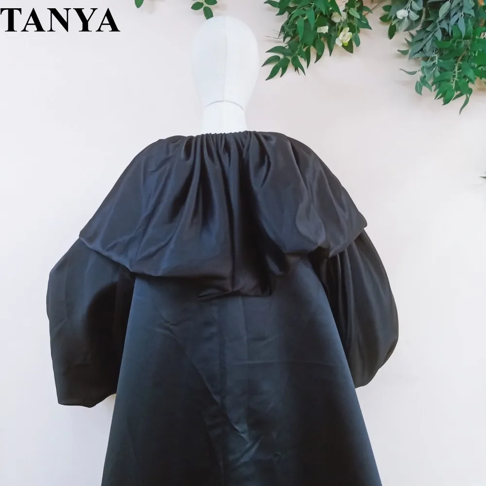 Capa de noite longa de cetim preto com mangas bufantes, jaqueta longa até o chão, casaco de evento feminino, acessórios de roupa