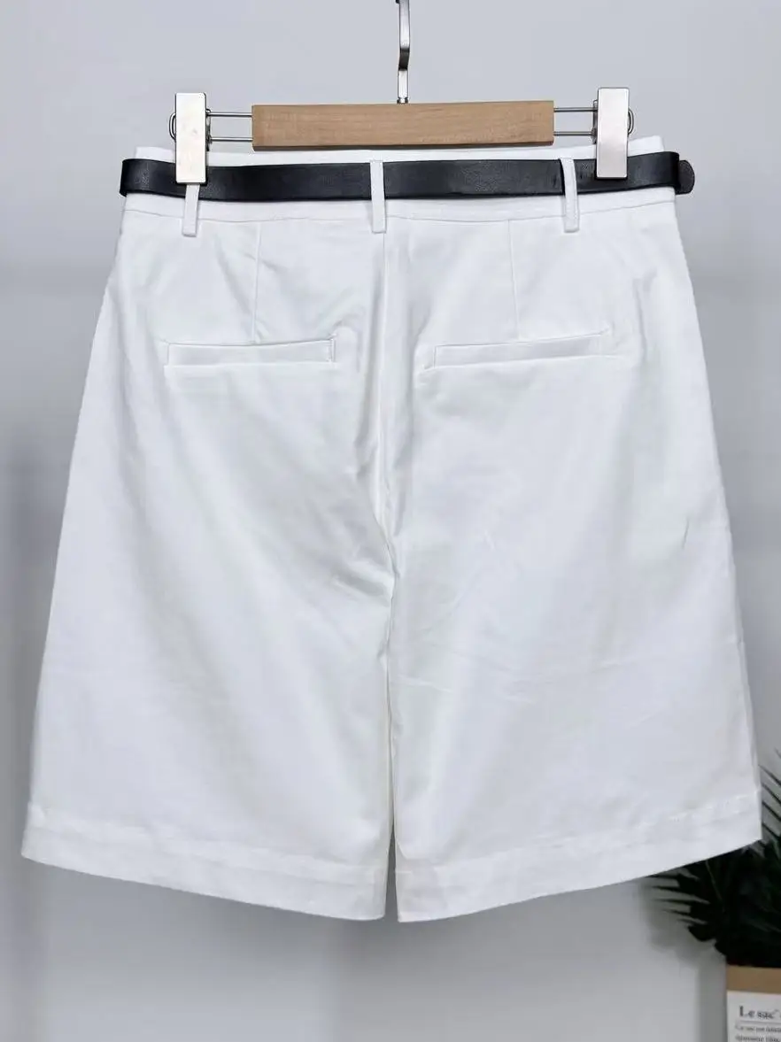 High Waist Bermuda Shorts Women's Summer Casual Cotton Loose Fit Belted Four-Leaf Clover Patterned Pants