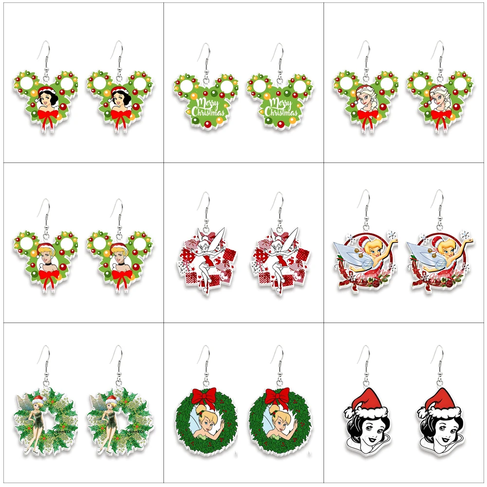 Disney-pendientes colgantes de acrílico transparente para mujer y niña, joyería bonita de princesa de Navidad, coloridos, gancho, Regalos especiales