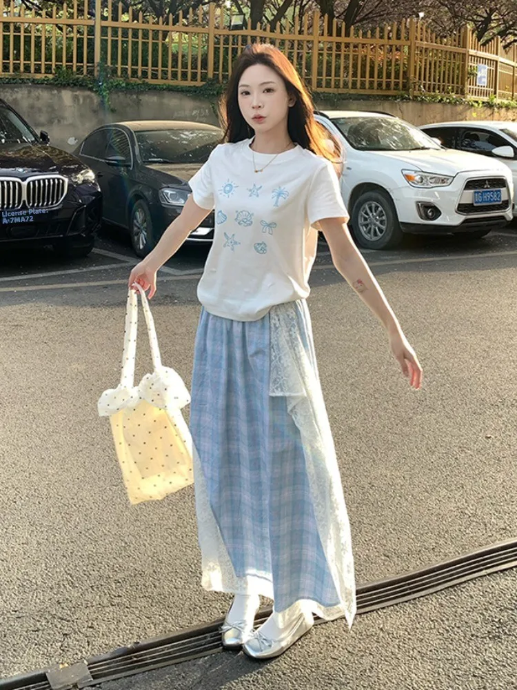 

Летний комплект для женщин больших размеров: юбка в клетку с высокой талией и свободная футболка, повседневный стиль, дышащая ткань средней плотности