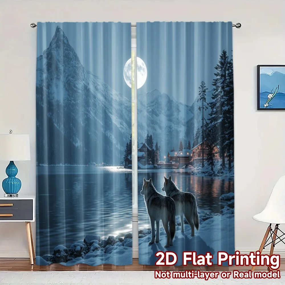 2pcs, 2D FLAT PRINTING Curtains (Without Rod) Moonlit Wolves(1) Chic Curtain Chic Polyester Curtains Festive Decorative for
