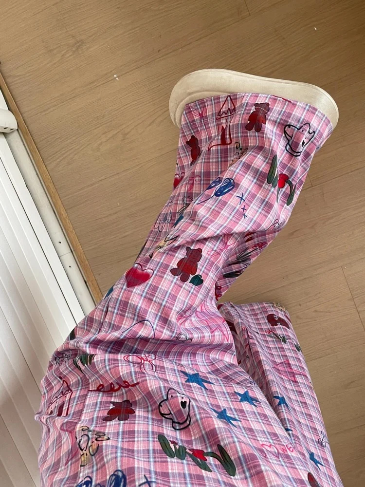 

Летние женские брюки с высокой талией и широкими штанинами, с цветочным принтом, повседневные, для прогулок, с мультяшным рисунком, розовые, модель fiti