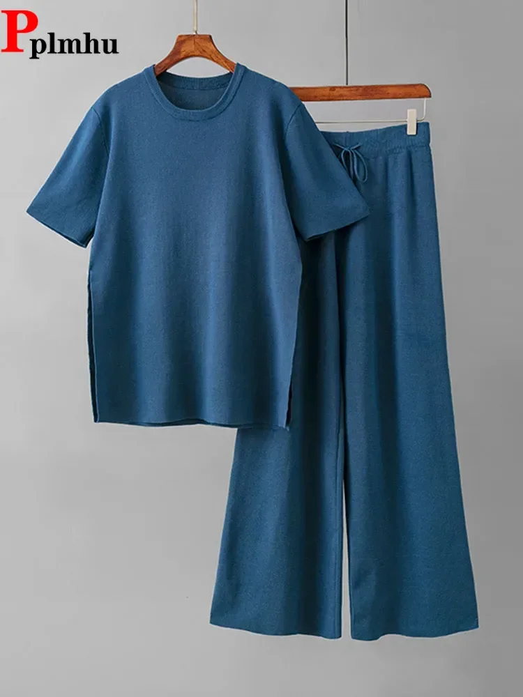 

Women Knitwear Short Sleeve T-shirt Pullover Tops Conjuntos Korean High Waist Wide Leg Pants OutfitSummer Knit 2 Pieces Sets