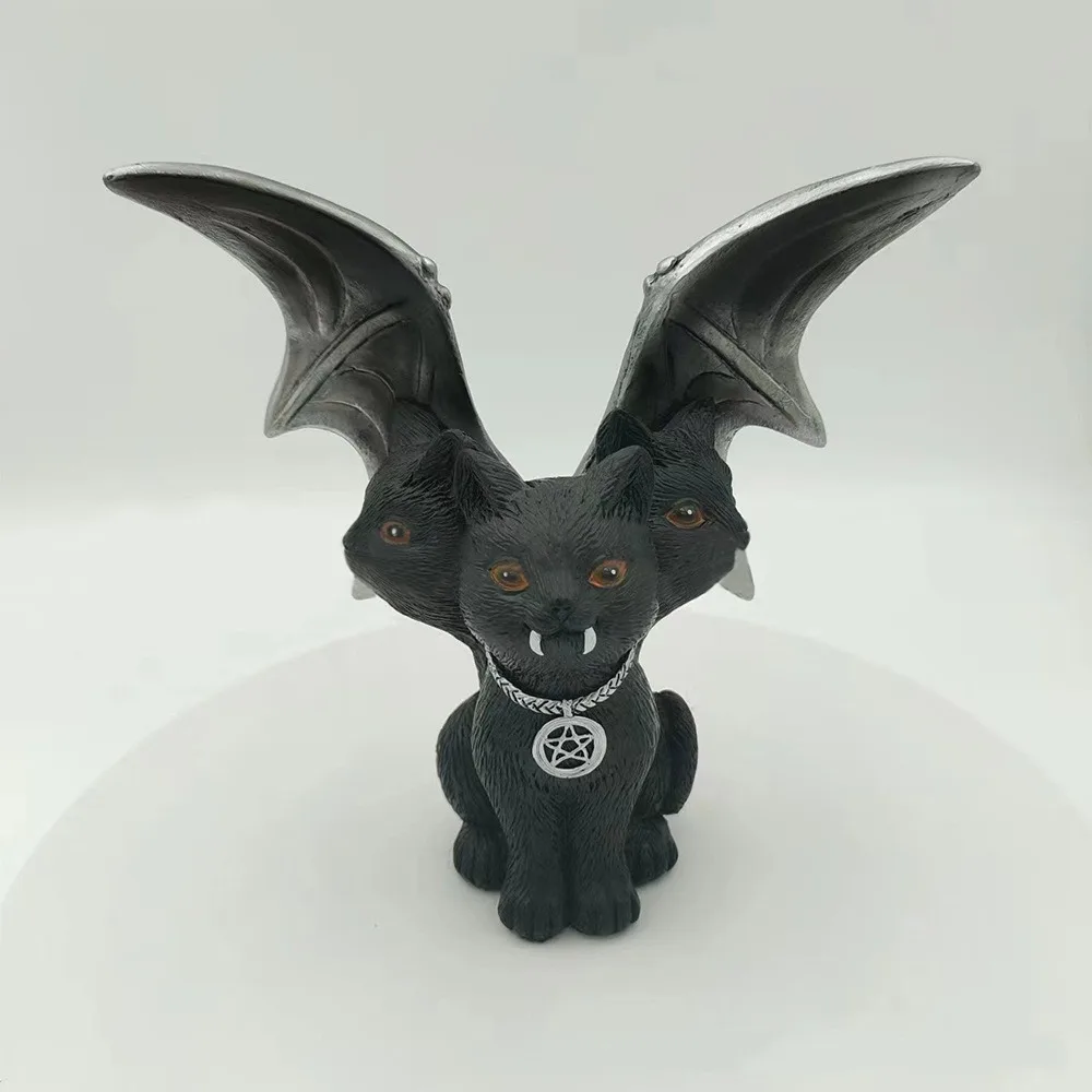 Creative Halloween Black Evil Bat Wings Three headed Cat Resin Craft Decoration Ornament