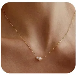 Dainty 14K Real Gold Plated Pearl Necklace White Small Tiny Pearl Choker Necklace for Women Girls Simple Thin Chain Necklaces