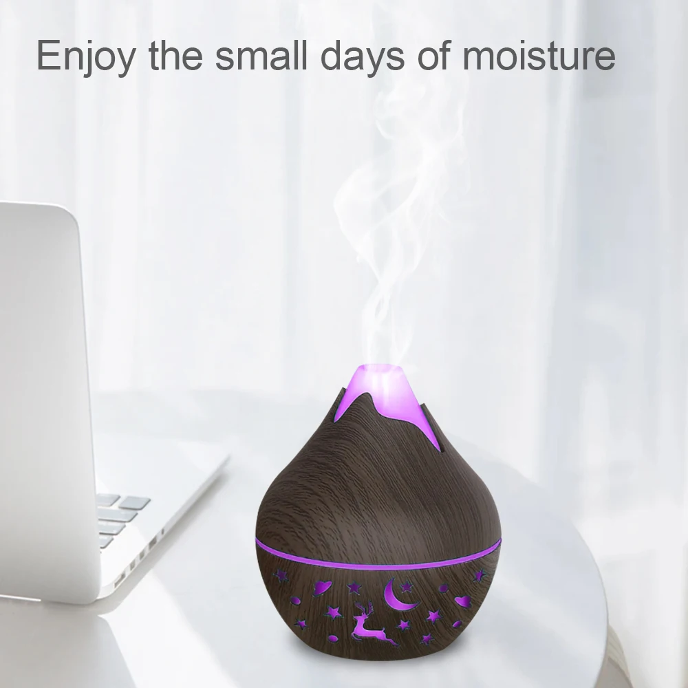 200ML USB Air Humidifier Diffuser Wood grain aroma diffuser with 7 color lights with 2 oils.