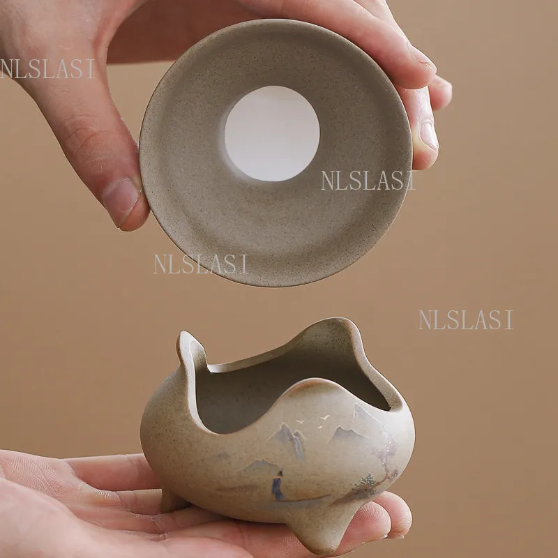 Tea Strainer Set Gold Landscape Bird Pattern Three Legged Holder Stainless Steel Filter Chinese Kung Fu Tea Brewing Accessory