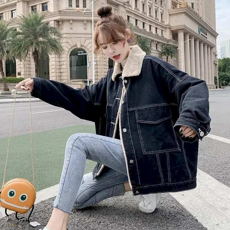 Womens Lamb Wool Denim Jacket Vintage Fashion Coats Autumn Winter All-match Thicken Korean Loose Mid-length Casual Jean Jackets