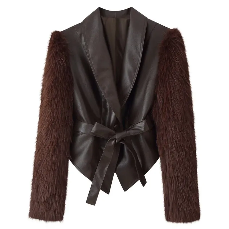 Women's Collar design with patchwork faux fur waistband and waist cinching jacket Coats Casual Minimalist Fashion Style Tops