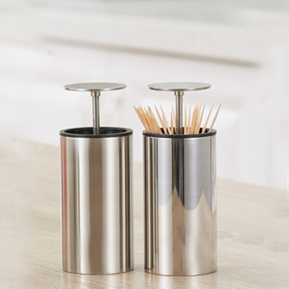 

1pc Automatic Toothpick Holder Stainless Steel Press Type Pop-Up Toothpick Dispenser For Kitchen Bathroom Home Use Silver