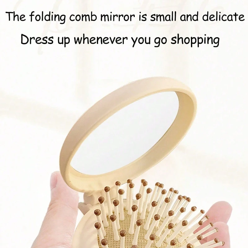 かわいい漫画の折りたたみ式エアバッグコーム、ポータブルミニクッションヘアブラシ、女性用ミラー付き、一体型マッサージコーム、軽量