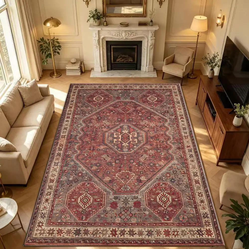 Vintage Oriental Style Medal Pattern Carpet Traditional Non-Slip Floor Rug Suitable for Living Room Bedroom Home Decoration