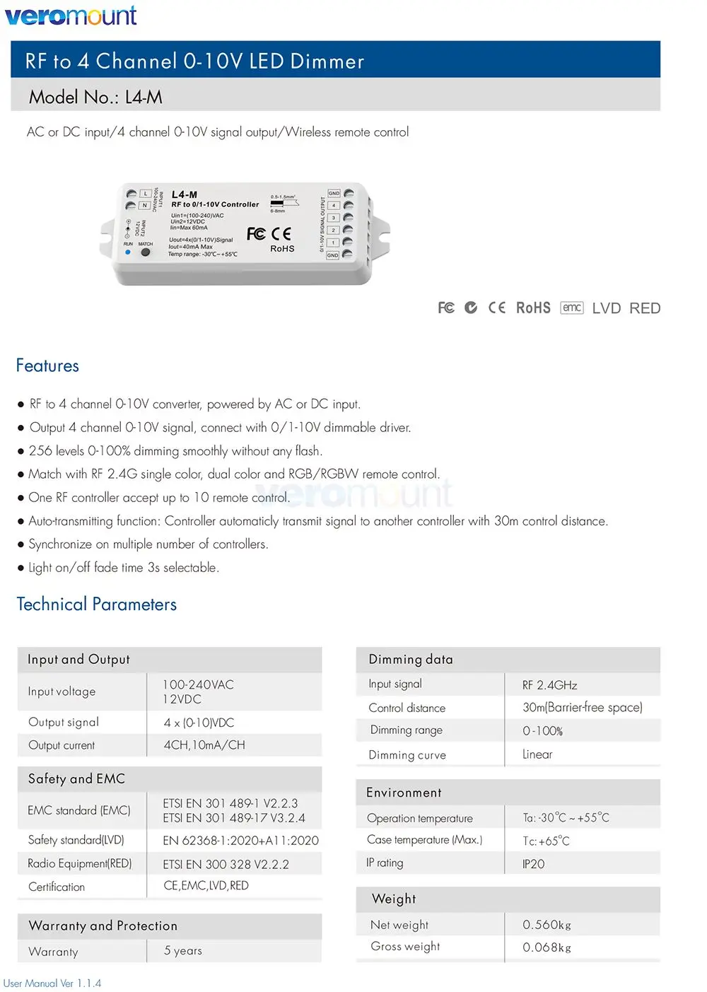 Skydance L4-M 0-10V LED Dimmer 2.4G RF Wireless Touch Remote Control 4 Channel Signal Output Dimer for Single Color LED Strips