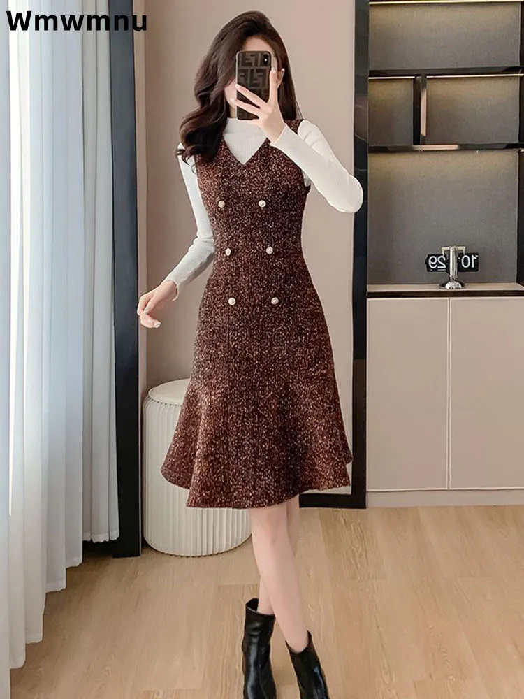 

Шерстяное платье с v-образным вырезом Conjuntos, вязаный свитер с длинными рукавами и полувысоким воротником, женский повседневный модный элегантный комплект