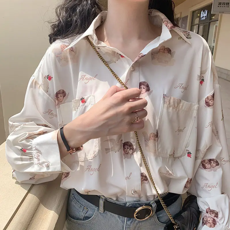 Harajuku Angel Print Womens Shirt Vintage Elegant Blouse Women Autumn 2024 Lantern Sleeve Female Clothes Loose BF Shirt