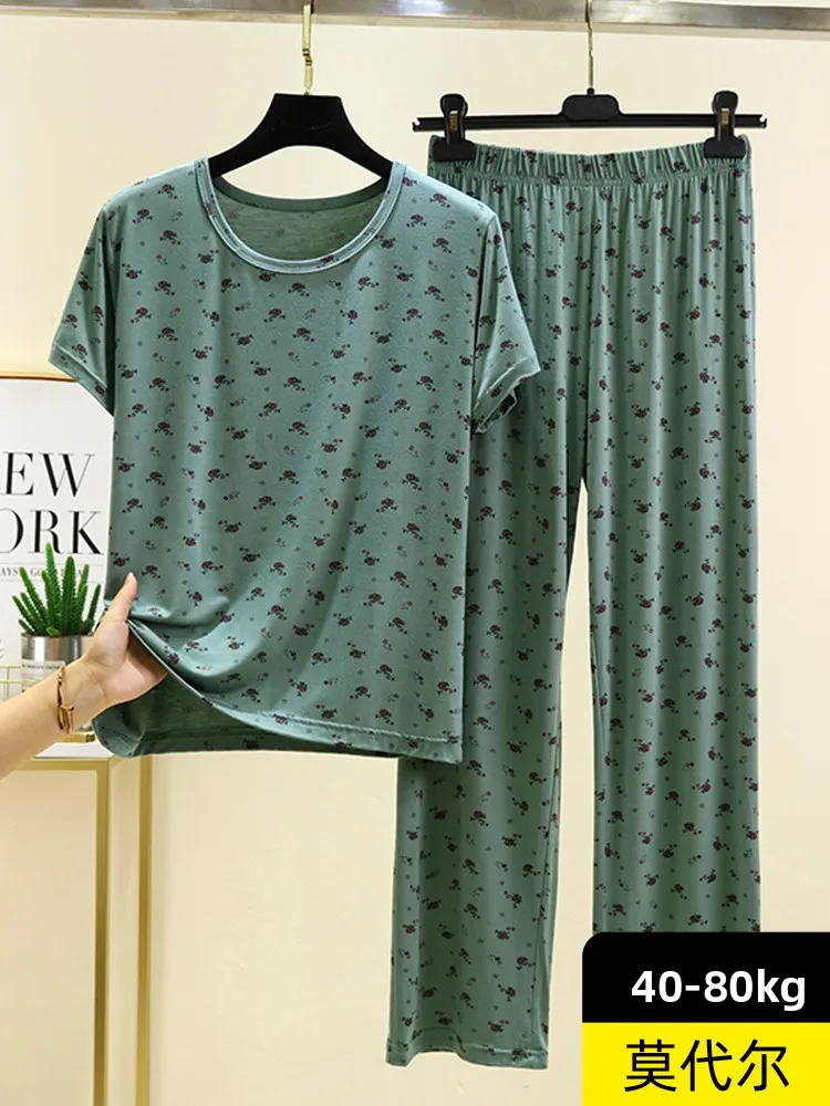Women's Modal Sleepwear Set Summer Thin Short Sleeve T-shirt Casual Pants Outwear Floral Home Clothes Two-piece Set