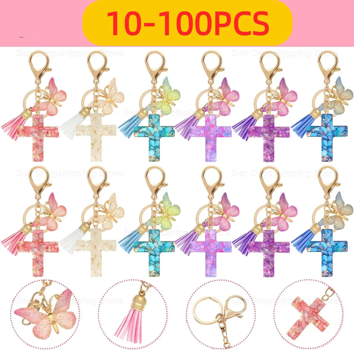 

10-100Pcs Artistic Resin Cross Keyring - 3D Butterfly Design, Women's Bag Pendant, Blessing Keepsake Gift