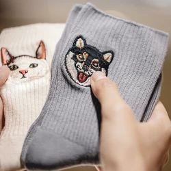 Maden 3 Pairs Socks Casual Cute Cat and Dog Knitted Blessing Socks Sweat-wicking Comfortable Mid-calf Breathable Socks