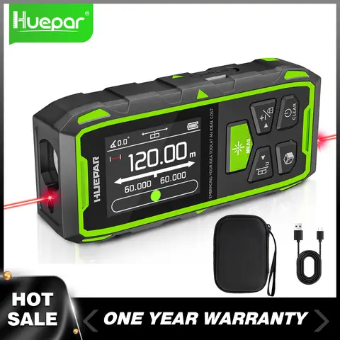 Huepar 듀얼 레이저 거리 측정기 레드 레이저 계량기, 고정밀 거리 측정 도구, LCD 디스플레이 및 USB 포함, 60m, 120m, 100m, 200m
