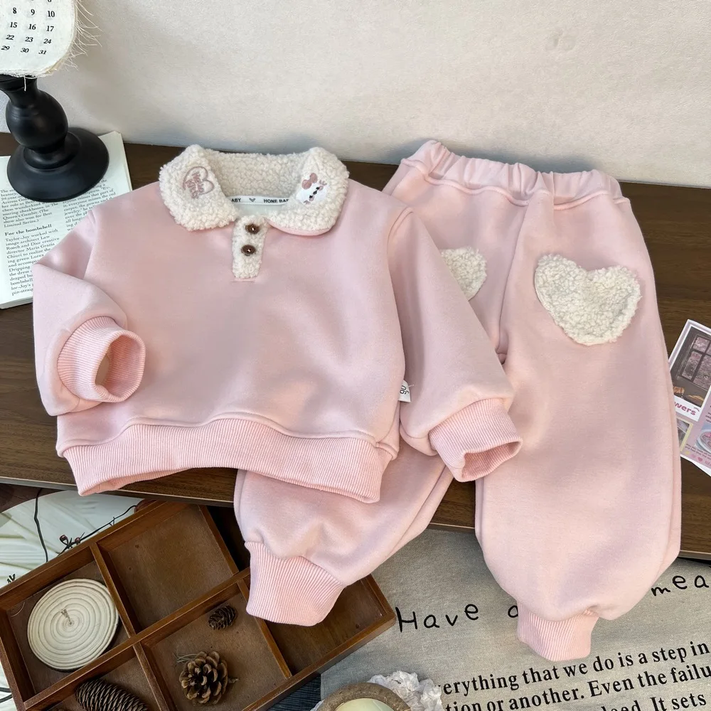 2026 Autumn Winter Girls Clothing Set Heart Print Lining Plush Thick Warm Lapel Sweatshirt+Pants 2Pcs For 2-8Y Kids Casual Suit