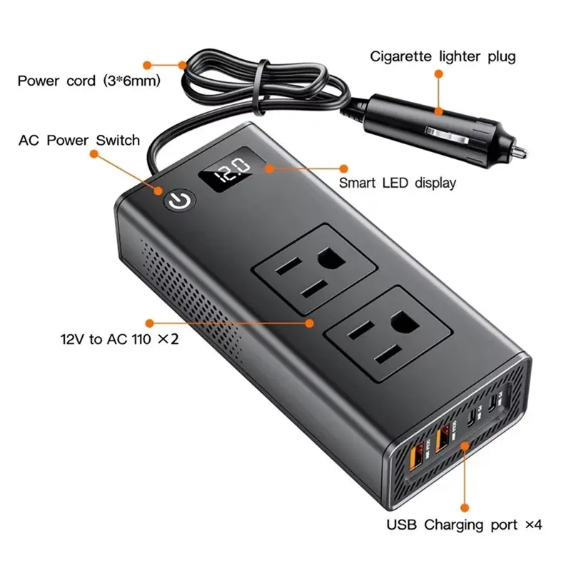ABQB-Portable Car Inverter Adapter Convert 200W 4 USB Port 2 Sockets Plug Digital Display PD Fast Charging For Travel US Plug