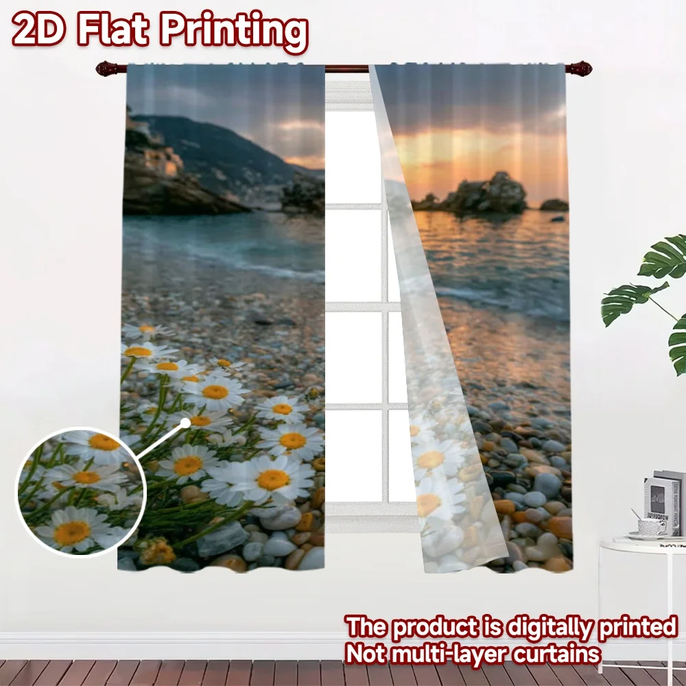 2D flat printing 2pcs Curtain Curtains Beach Sunset with Daisies Digital Printed Polyester Drapes Birthday Party Perfect for