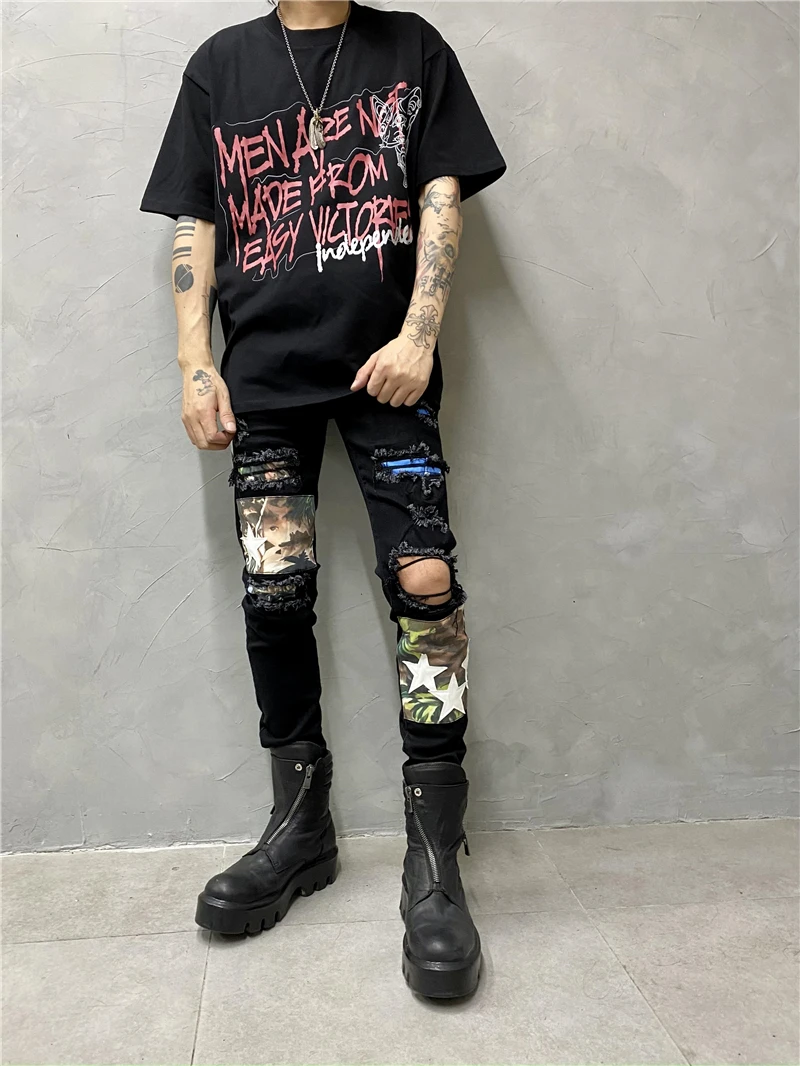 High Street Fashion Fit Stretch Jeans Designer Skinny Broken Holes Pants Cloth Patch Men's