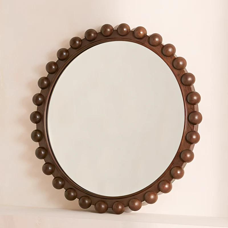 Decorative Bobble Frame Solid Dark Oak Wood Round Mirror for the Wall