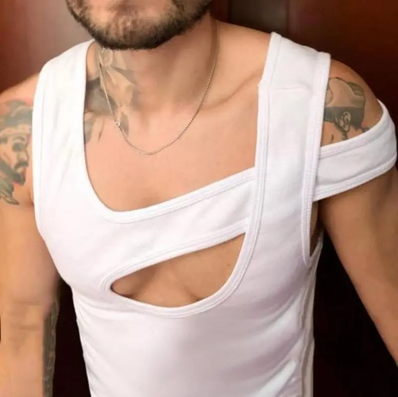 Cotton T-shirt Bottoming Shirt, Street Fashion Casual Irregular Shoulder Straps, Pure Cotton Vest For Men