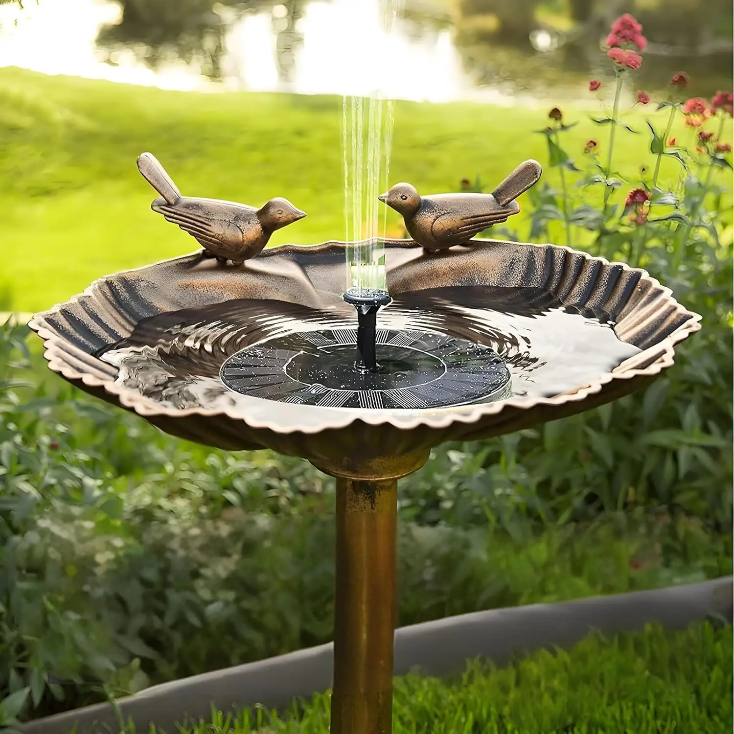 ソーラーパワー式の鳥の水飲み場噴水セット、ヴィンテージブロンズ仕上げ、屋外庭園装飾用