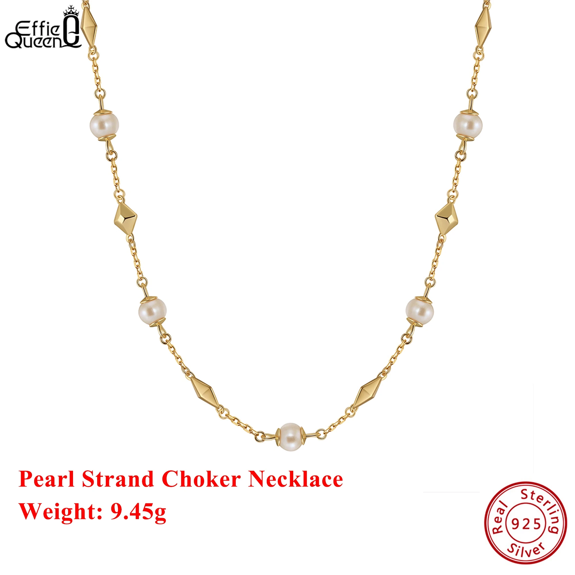 

EFFIE QUEEN 925 Solid Sterling Silver 14k Gold Oval Pearl Chain Choker Necklace Geometric Style Wedding Jewelry for Women GPN52
