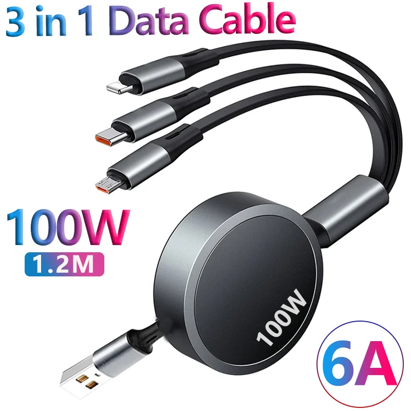 Wysuwana szybka ładowarka USB C 6A 100W 3 w 1 do iPhone'a 13 14 12 11 Pro X Max Szybka ładowarka typu C/Micro do Huawei Samsung