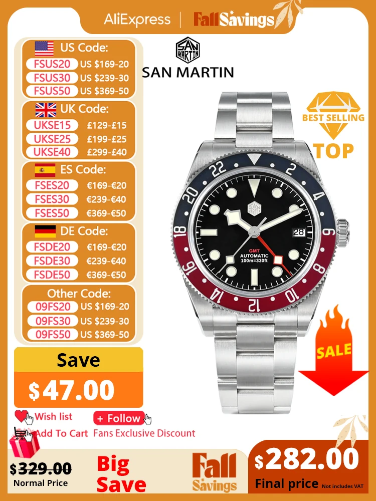 San Martin 39.5mm NH34 GMT Men Luxury Watch Bidirectional Aluminum Bezel Automatic Mechanical Sapphire 100M Waterproof  SN0109