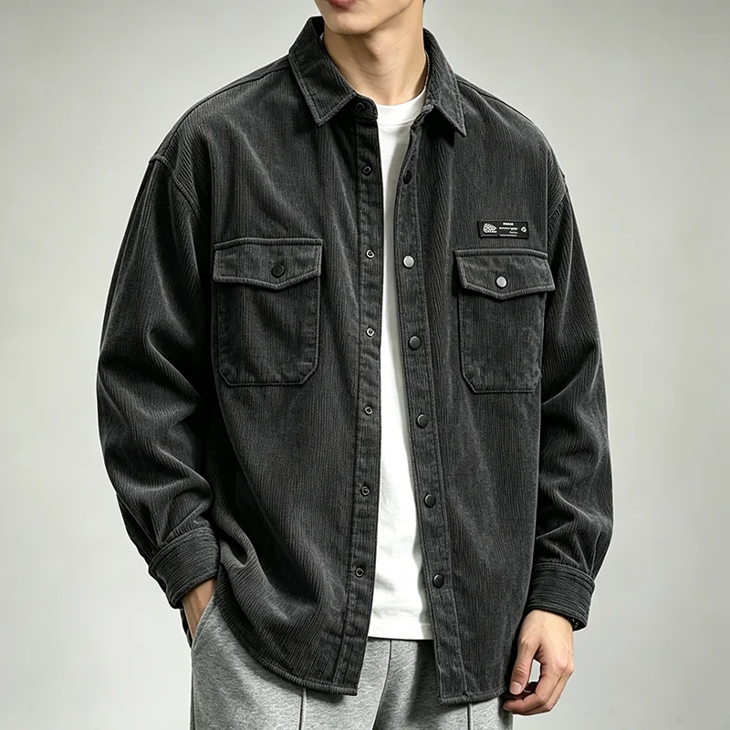 Men's Casual Corduroy Cargo Shirt Spring Autumn Fashion Vintage Double Pockets Workwear Embroidery Long Sleeve Shirt Jacket Top