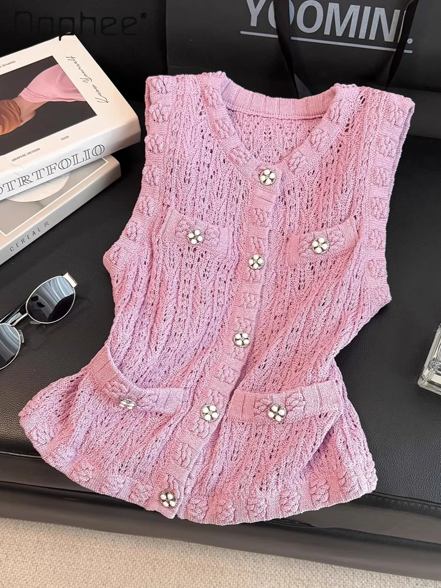 

French Sweet Celebrity Beaded Single-breasted Round Neck Knitted Cardigan Vest Fashion Pink Sleeveless Loose Slim Vest Top Women