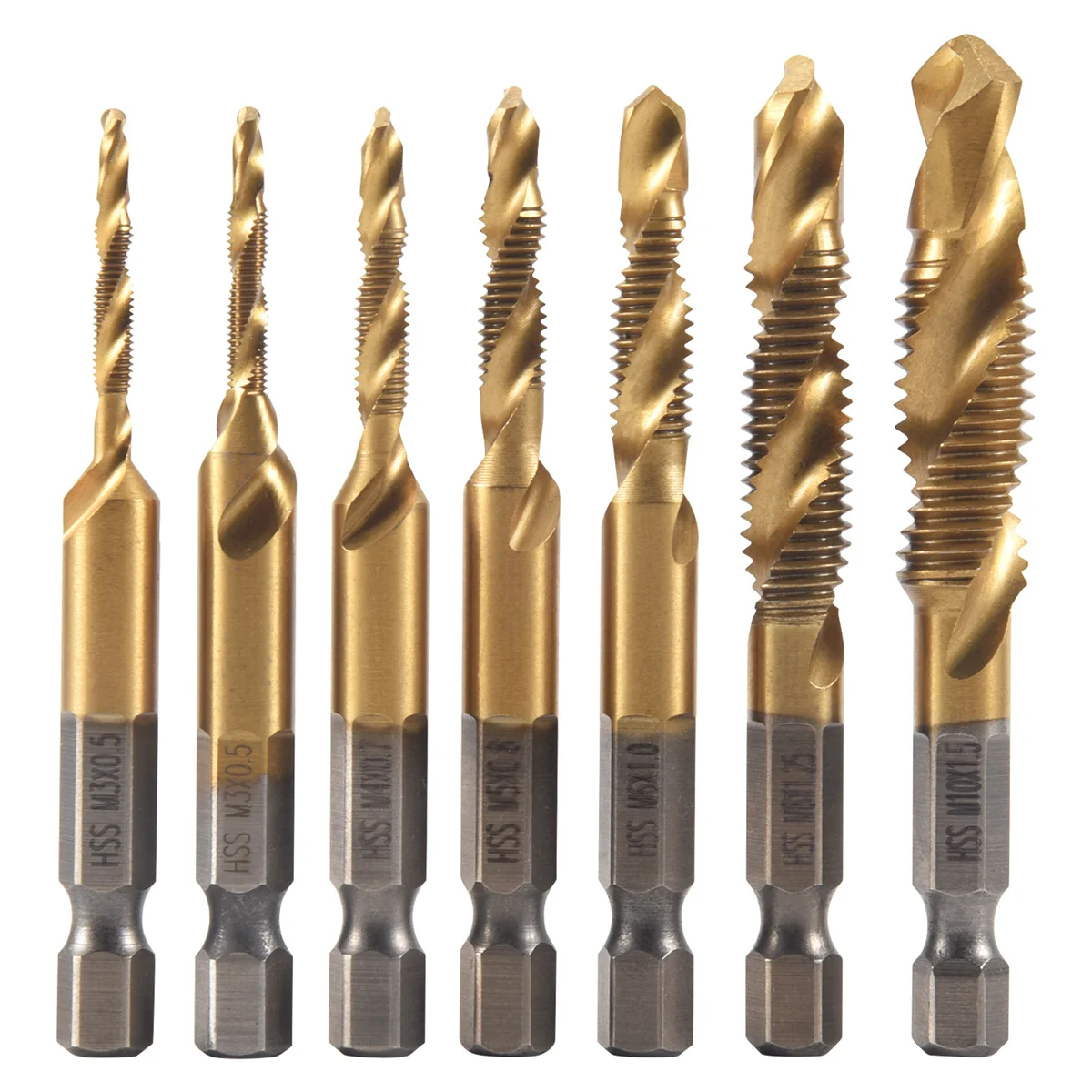 7Pcs 1/4Inch Hex Shank Titanium Combination Drill and Tap Set Metric Thread HSS M3-M10 Screw Tapping Bit Tool