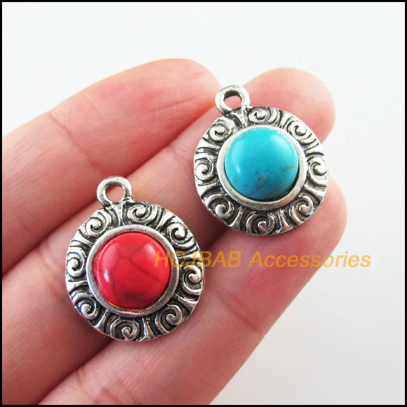 8Pcs Retro Tibetan Silver Tone Round Flower Blue&Red Stone Charms Pendants 19x23mm