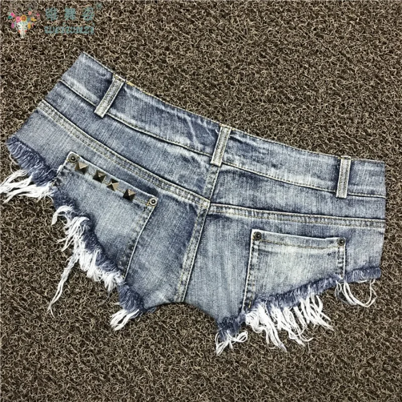 Sexy Women Rivet Denim Ultra Shorts Low Rise Denim Open Crotch Shorts Jeans Nightclub Pole Dance DS Mini Shorts Flirting Uniform - Image 2